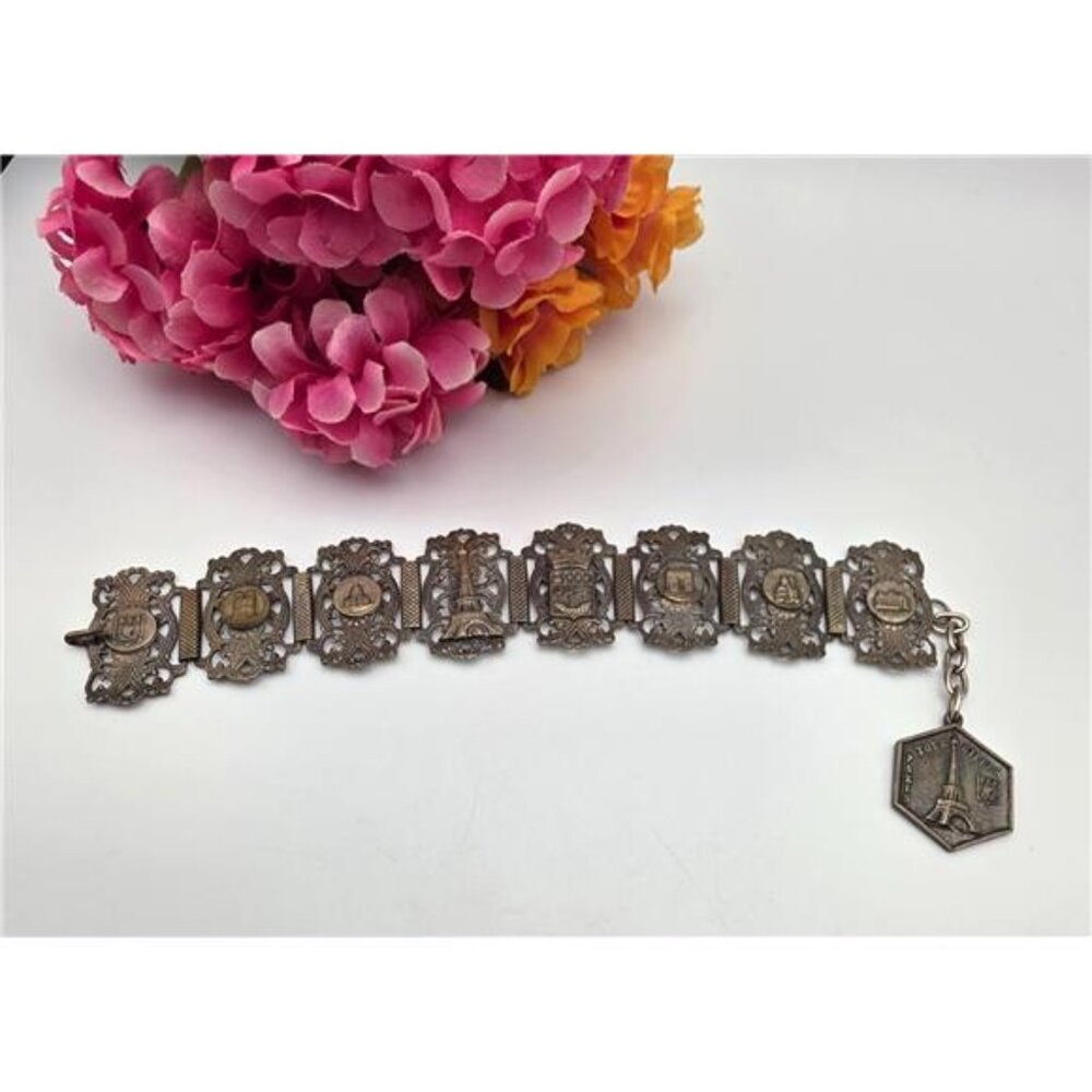 Vintage French Filigrane Déposé Brass Tone Panel Link Bracelet 8" Adjustable